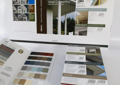A photo of a marketing sample kit for CertainTeed's Soffit & Vertical Siding products. The board for this kit was printed and produced by Qualprint for Sampco and CertainTeed