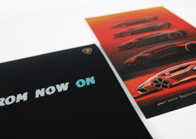 A photo of a limited edition Lamborghini concept drawing produced by Qualprint for direct mail fulfillment
